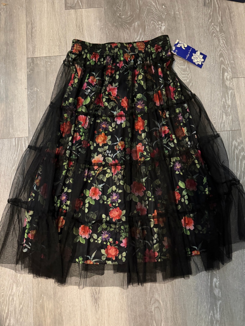 Black Floral Midi Skirt with Layered Mesh Overlay